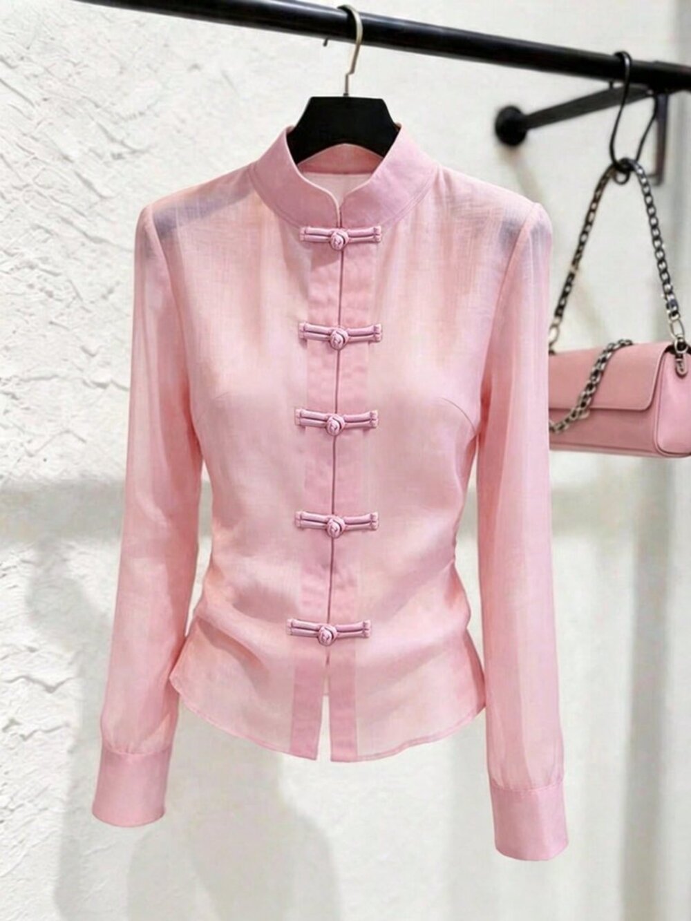 Pink Elegant Women's Regular Stand Collar Button Bow Shirt